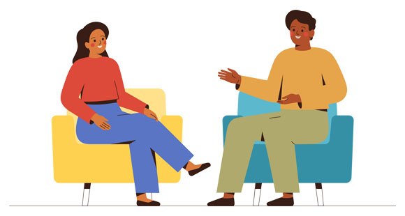 an illustration of a man and woman talking in a counselling session on yellow and blue seats
