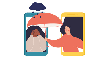 a counsellor reaching out of a phone screen holding an umbrella over another person in a phone