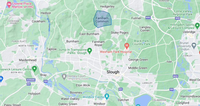 a map highlighting the Farnham Common area and showing the Slough area