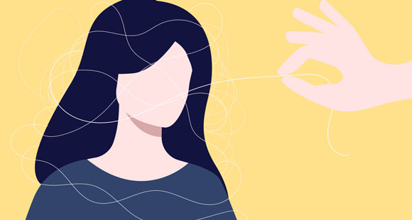 an illustration of a lady with a hand pulling string from around her