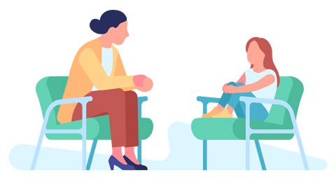 a lady speaking with a child sitting on chairs