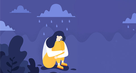 a depressed lady cowering underneath a rain cloud