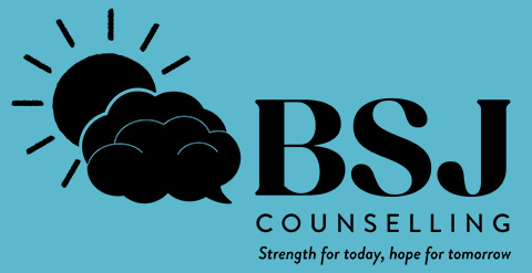 the logo for BSJ Counselling in black on a blue background