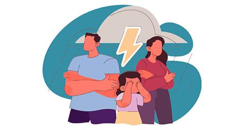 a man and woman having family troubles with a crying child in the middle